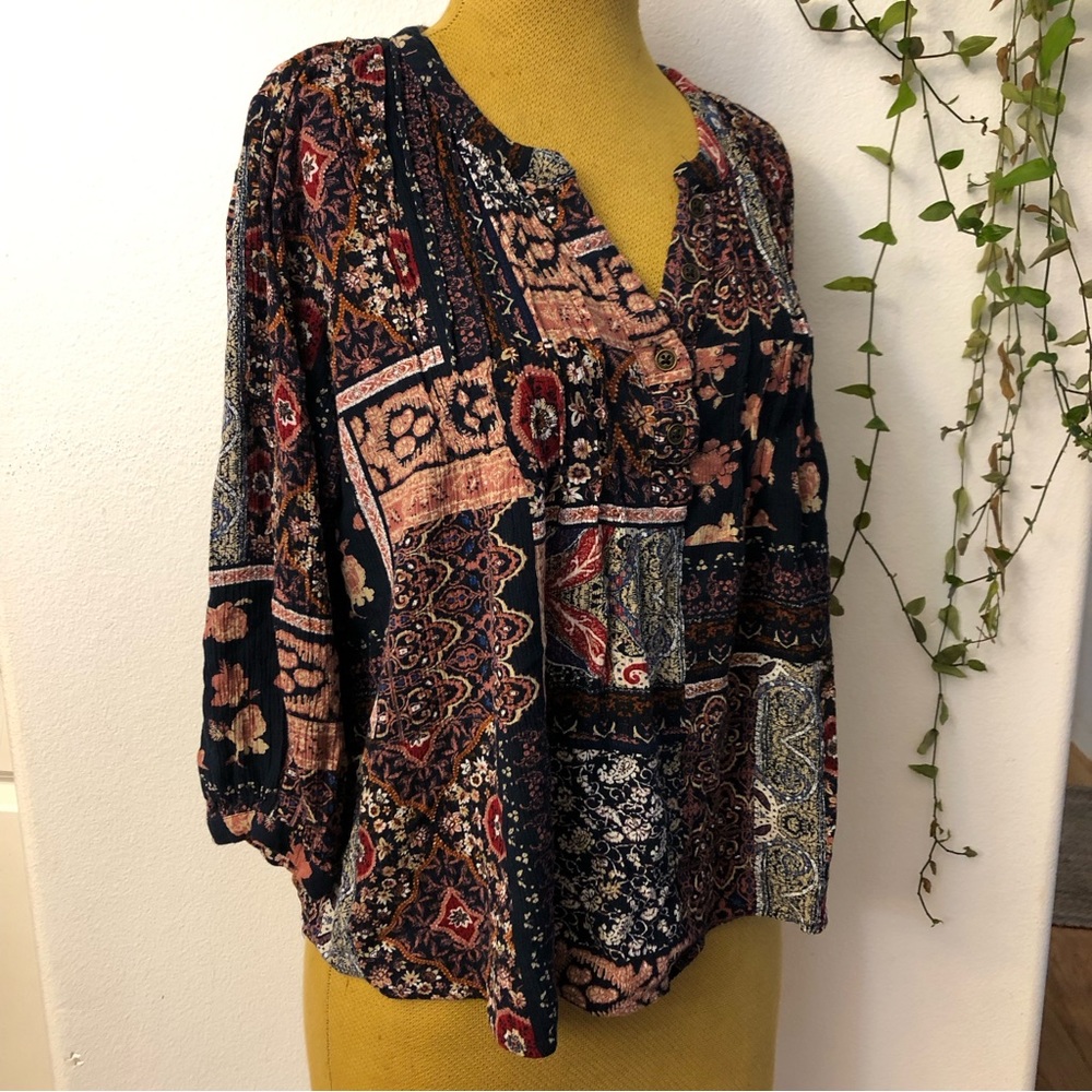 Knox Rose Size M Womens Boho Peasant Floral Patchwork Blouse Multicolor